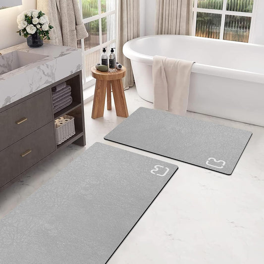 2 Piece Bathroom Mat Rugs Set - Quick Dry Absorbent Diatomaceous Earth Bath Mat Non-Slip Bathroom Floor Mat with Rubber Backing, Thin Bathroom Rugs Fit Under Door, 15.7x23.6+15.7x47.2 Inch, Grey