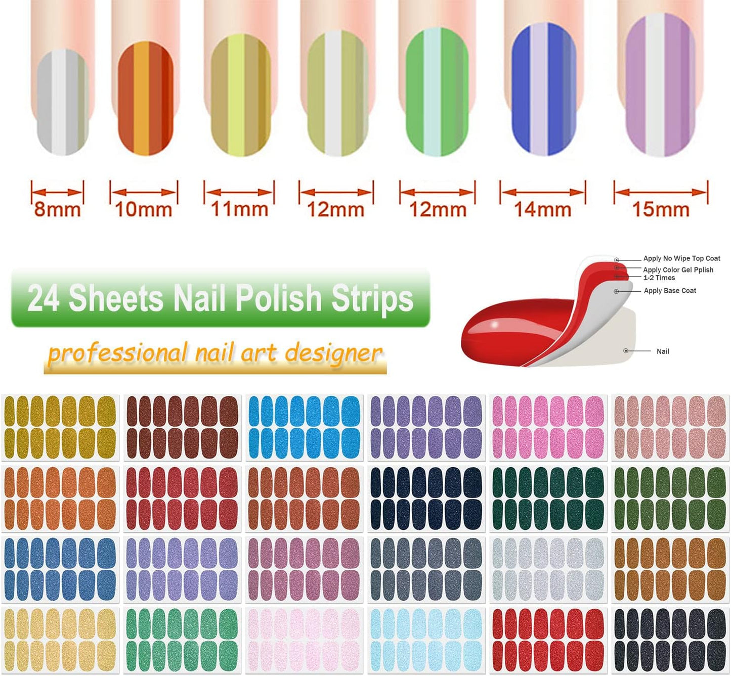 DANNEASY 24 Sheets Glitter Nail Polish Stickers Full Nail Wraps for Women Self Adhesive Nail Polish Strips Gel Nail Strips Stick on Nails Manicure Kit with Nail File, Cuticle Stick