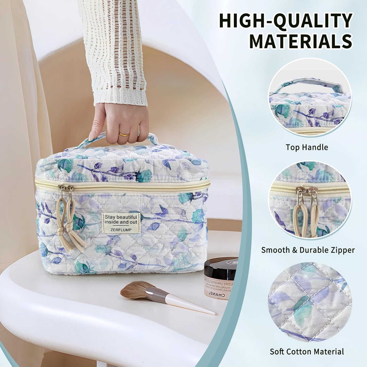 Cute Quilted Floral Makeup Bag(3Pcs)，Coquette Aesthetic Cosmetic Bag，Travel Toiletry Bags， Kawaii Aesthetic pouch for Women (2 - Long Branch Flower)