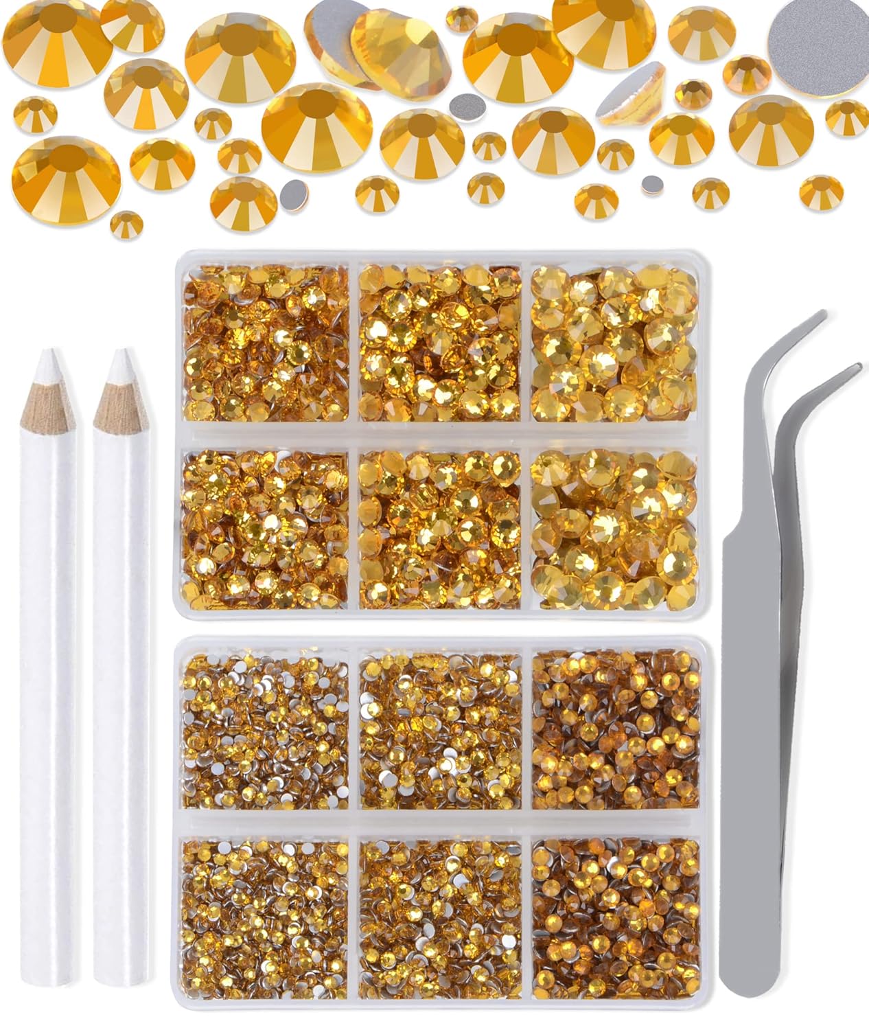 LPBeads 6000 Pieces Topaz Non Hotfix Rhinestones 6 Sizes Round Crystal Glass Flat Back Rhinestones with Tweezers and Picking Pen for Nail Art Crafts Clothes Bags DIY