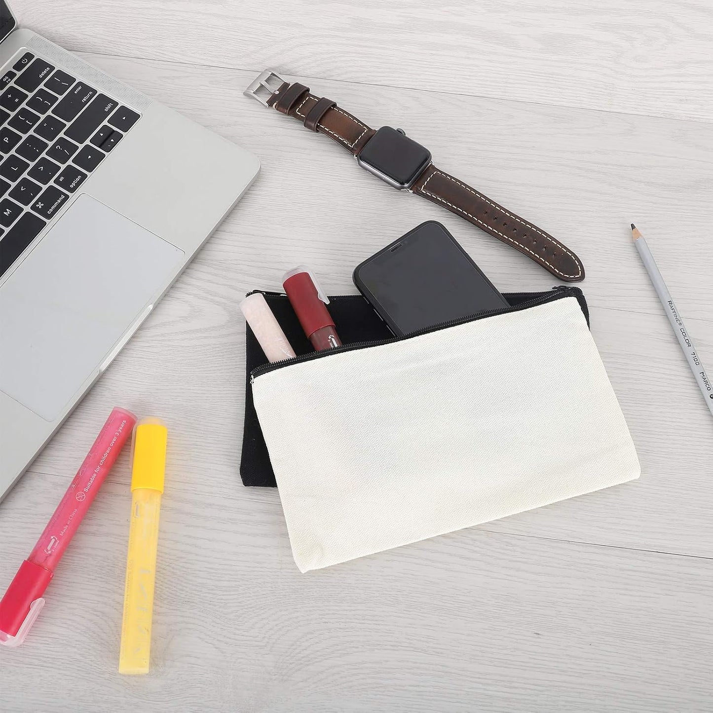 12 Pieces White Cotton Canvas Makeup Bag, Multipurpose Cosmetic Bag with Zipper Travel Toiletry Pouch, Blank DIY Craft Bag (White, M)