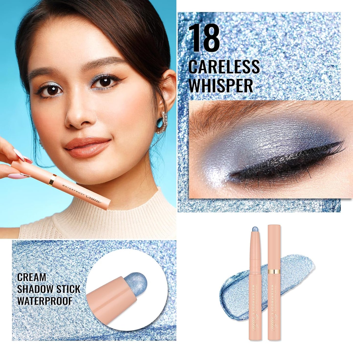 Oulac Waterproof Eye Shadow Stick Smooth and Long Lasting, Shimmering Glitter Finish, Blendable Eyes Makeup, Vegan & Cruelty-Free 3.8g, 18 Careless Whisper