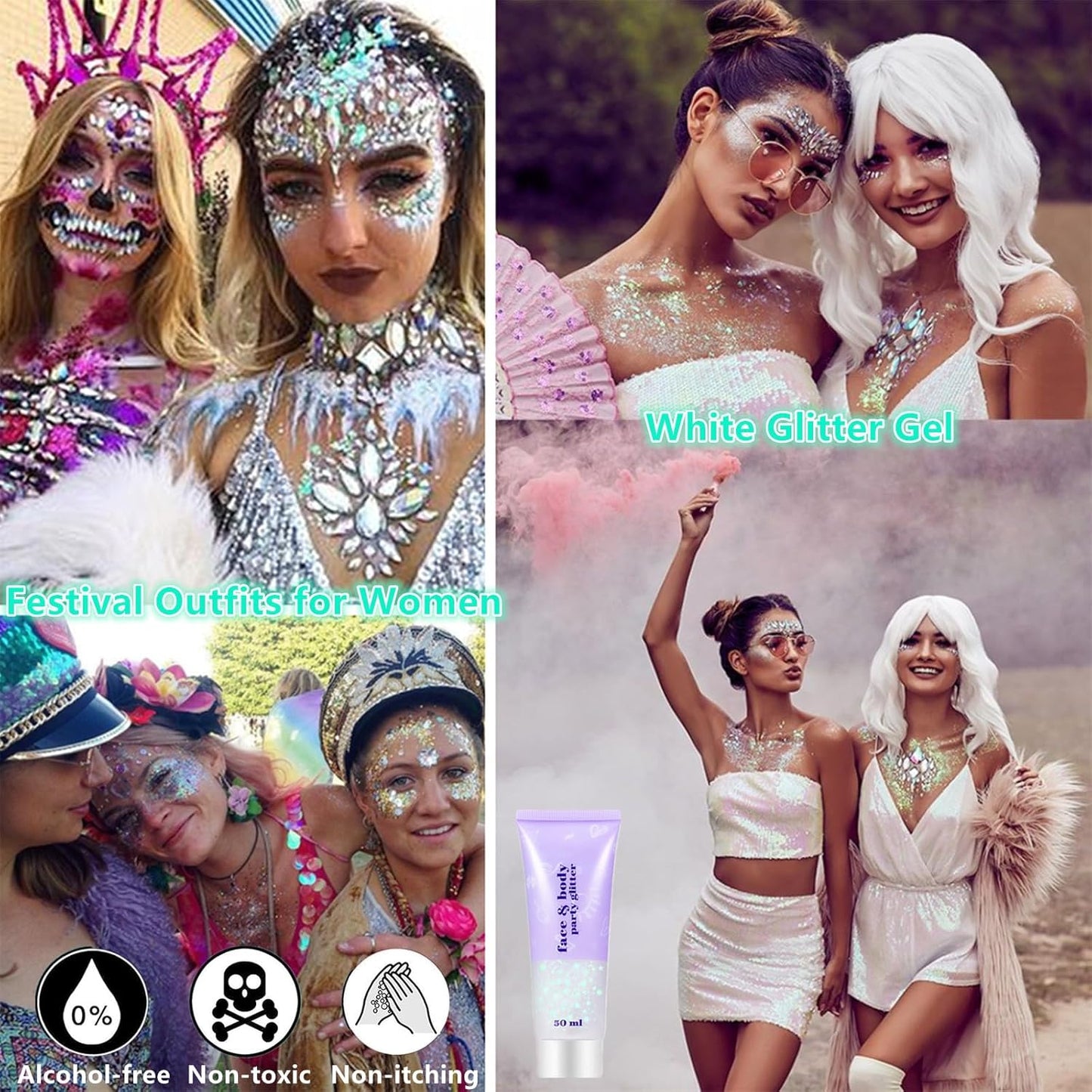 Go Ho White Pink and Silver Face Body Glitter Gel Set,Mermaid Face Paint,Holographic Long Lasting Chunky Sequins Glitter Makeup for Singer Concerts,Halloween Festival Rave Accessories
