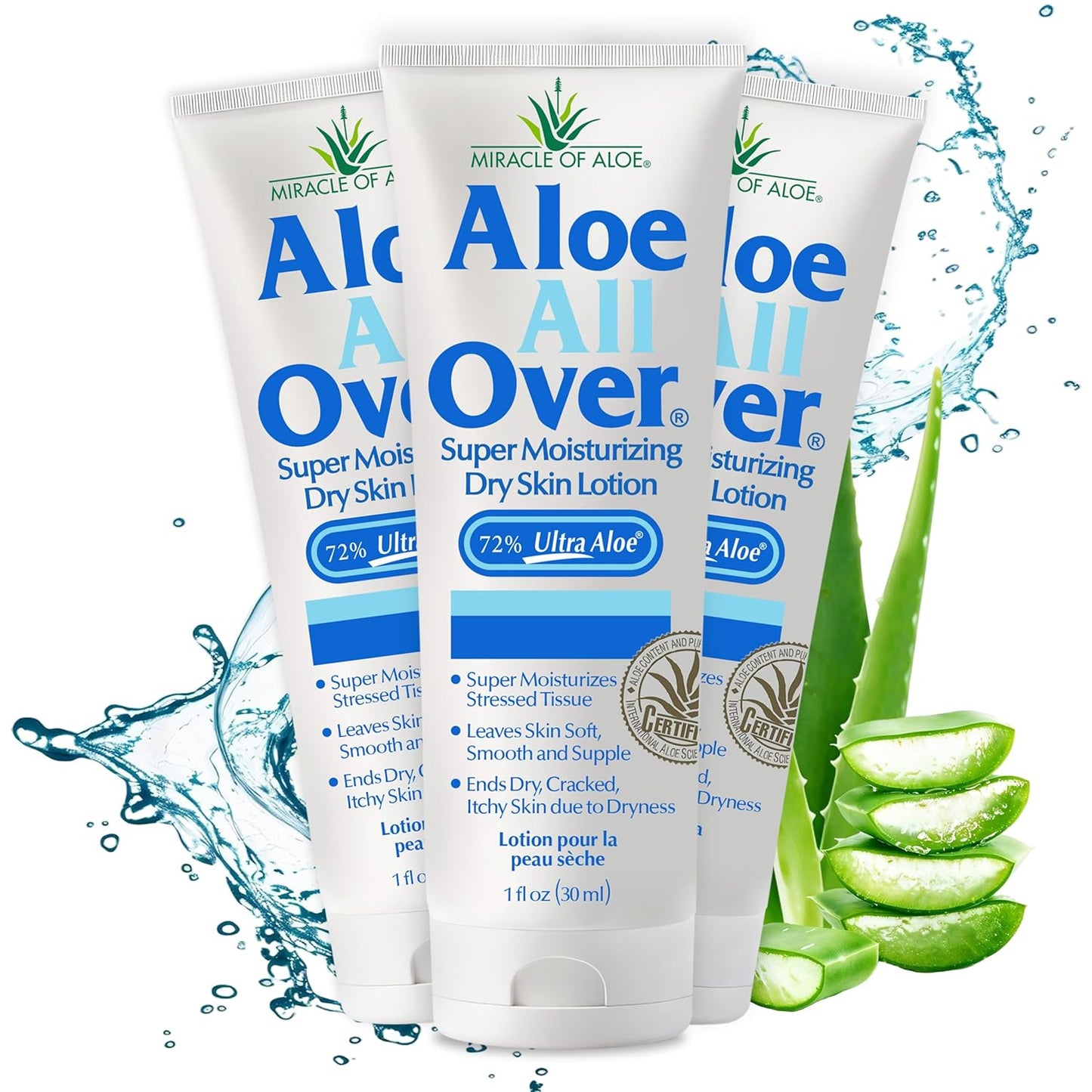 Miracle of Aloe Aloe All Over Super Moisturizing Dry Skin Lotion (3-Pack, 1 oz) - Made with 72% UltraAloe Aloe Vera Gel. Safe for Everyone: Men, Women, Kids. Restores Dry Skin Fast