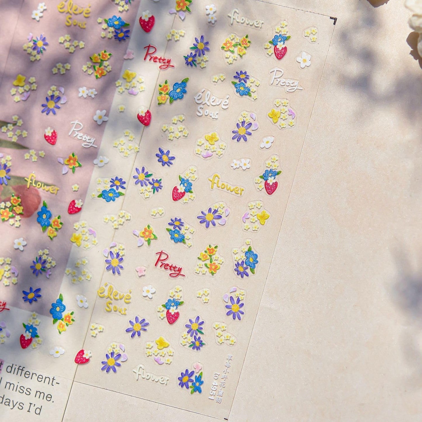 Flower Nail Stickers for Nail Art Strawberry Nail Stickers Summer Cute Floral Pink 5D Embossed Concise Nail Decals Self-Adhesive Nails Supply Manicure Sliders Flower for Women Nails Decoration