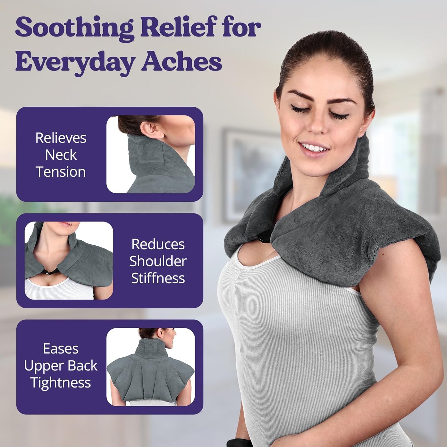 Microwavable Heating Pad for Neck, Shoulders, and Back by Joy & Grace | 5 Lb Weighted Neck & Shoulder Wrap | Moist Heat Therapy Pack for Relaxation and Comfort | Soft Micro-Mink Cover | Scented Gray