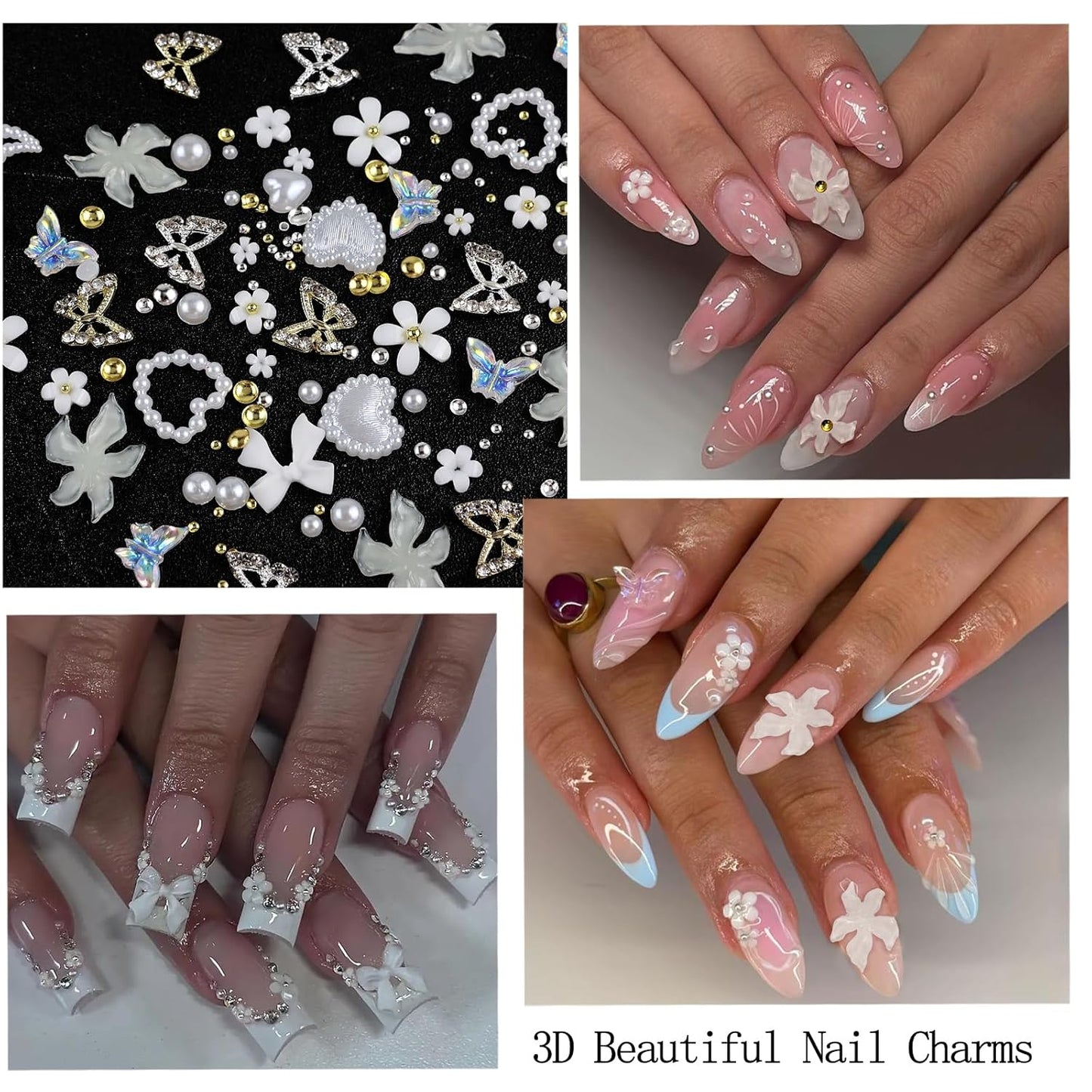 Nail Art Charms with Rhinestones Glue Gel White Flatback Pearls Flower Butterfly Nail Gems Supplies Accessories Gold Silver Nails Decoration Pearls for Women Nails Design