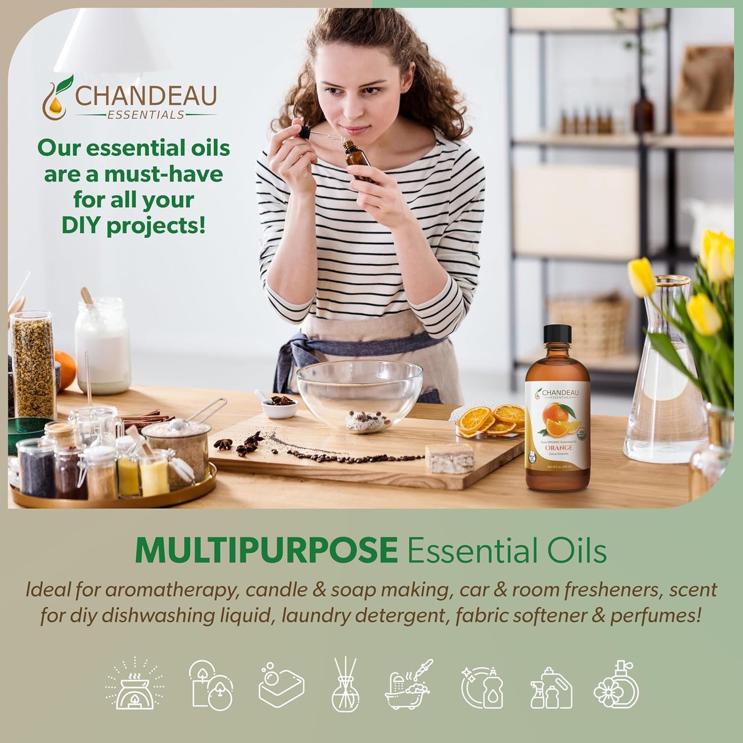 100% Pure Organic Essential Oil, Pure Orange Essential Oil for Aromatherapy, Soap Making, Candles, Laundry, Perfume, Cleaners or Diffusers - Large Amber Glass Bottle, 16 oz.