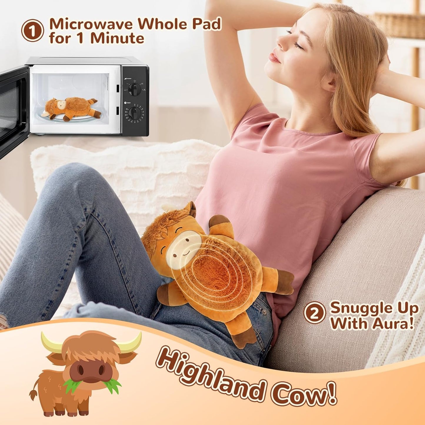 Microwave Heating Pad for Pain Relief, 16" x 11" Microwavable Heating Pads for Cramps, Back Pain, Neck Shoulder, Muscles, Knee, Joints, Natural Heat Pack Moist Heat, Squint Highland Cow