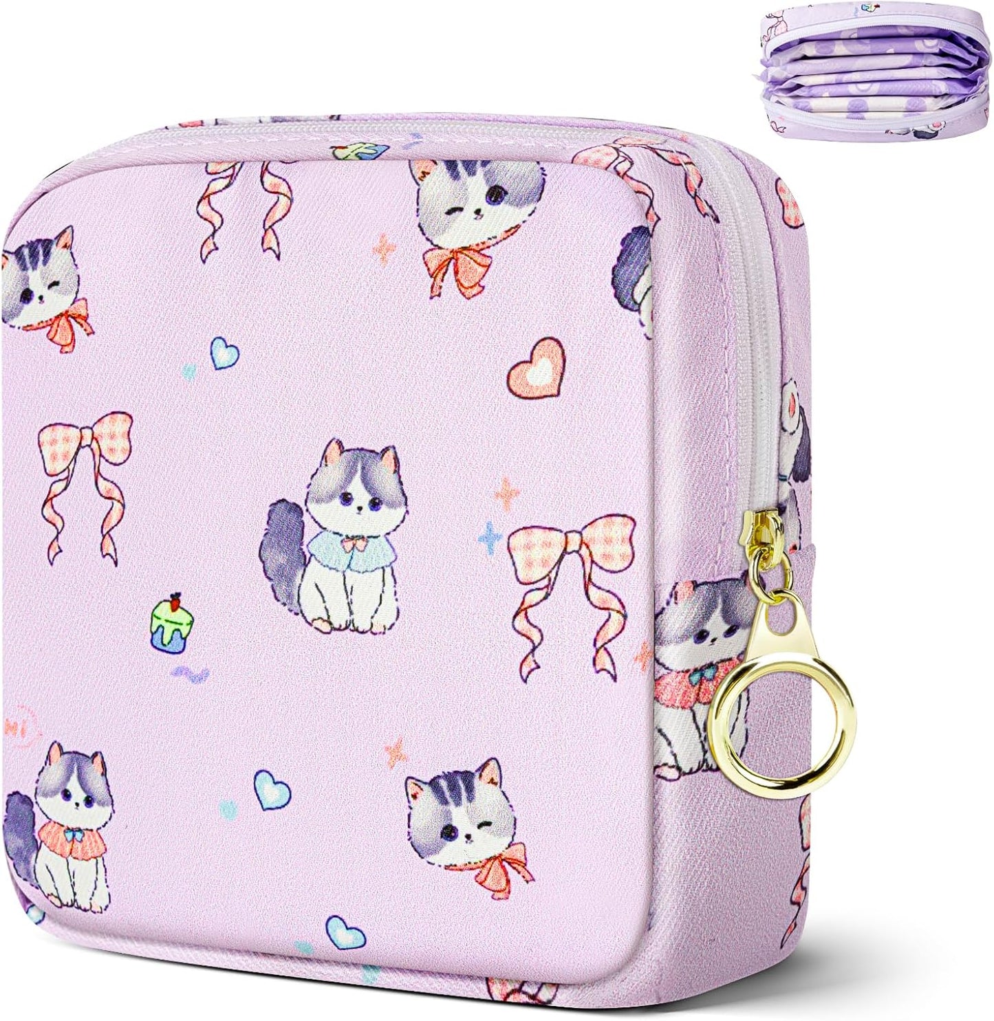 Tampon Holder for Purse, Canvas Period Bag Sanitary Napkin Storage Bag for Girls Womens, Portable Feminine Emergency Pad Period Pouch(Bow-Tie Wink Cat)