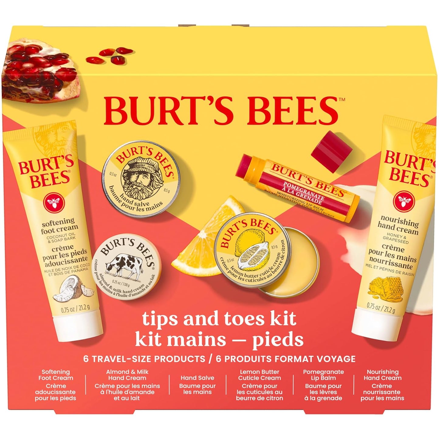 Burt's Bees Back to School Gift Ideas, Tips and Toes Kit, 6 Travel Size Products - Pomegranate Moisturizing Lip Balm, 2 Hand Creams, Foot Cream, Cuticle Cream, and Hand Salve
