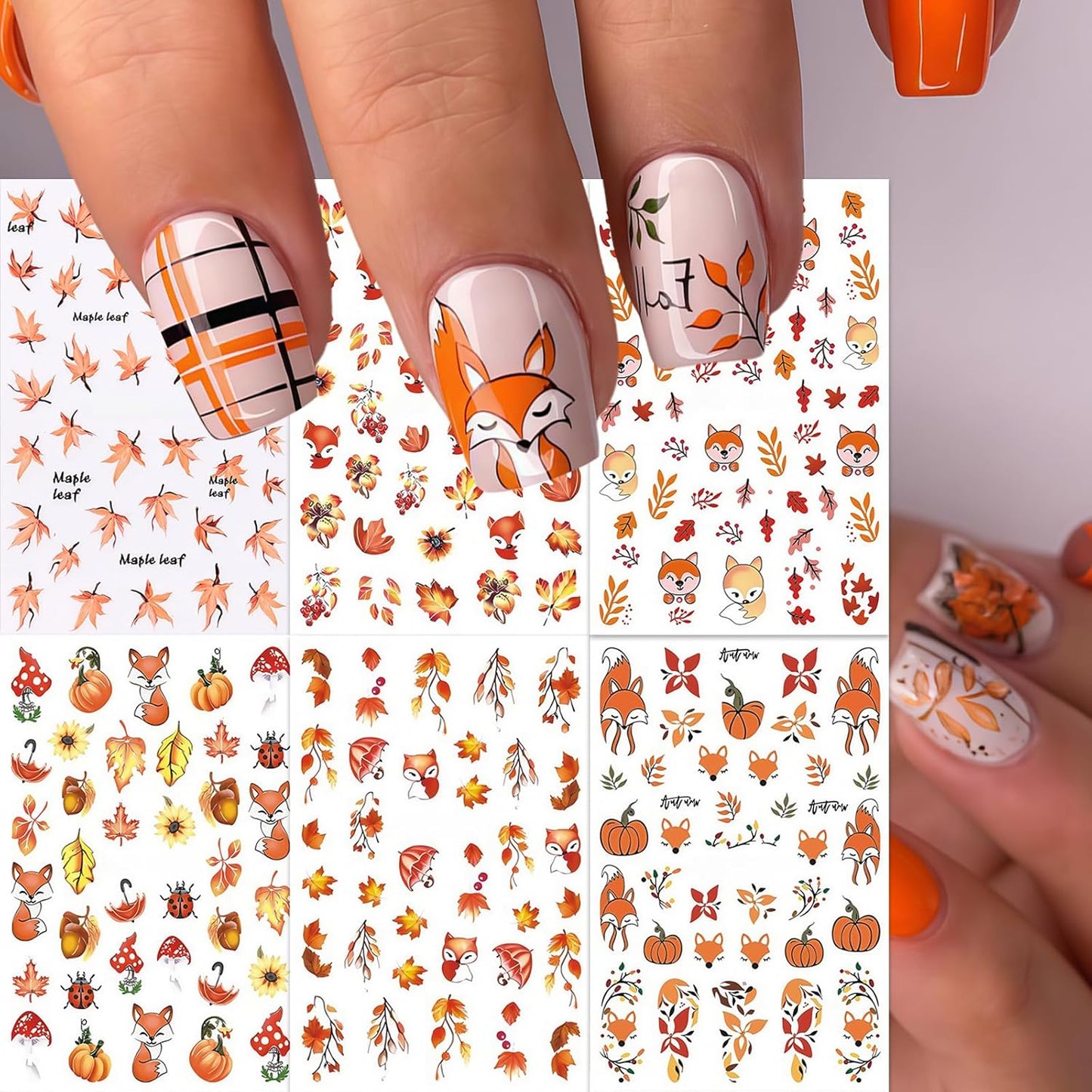 6Pcs Maple Leaf Nails Stickers,Fall Maple Leaf Nail Art Sticker Thanksgiving Pumpkin Nail Stickers for Nails Art Cute Fox Pine Mushroom Ginkgo Nail Decals Leaf Nails Design Nail Supplies for Women