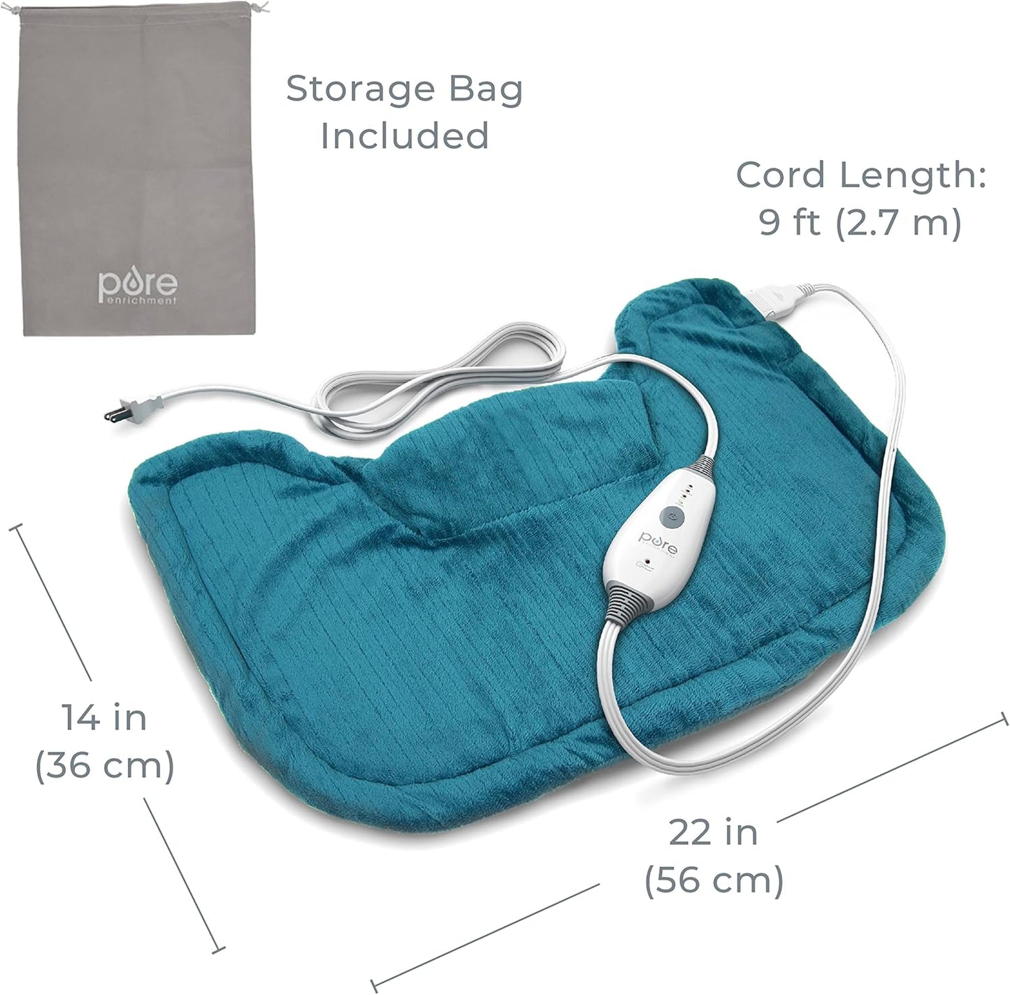 Pure Enrichment PureRelief Neck & Shoulder Heating Pad - 4 Heat Settings, Auto Shut-Off, Universal Fit, Magnet Closure, Soft Micromink, Storage Bag, 5-Year Warranty, Machine Wash (Turquoise Blue)
