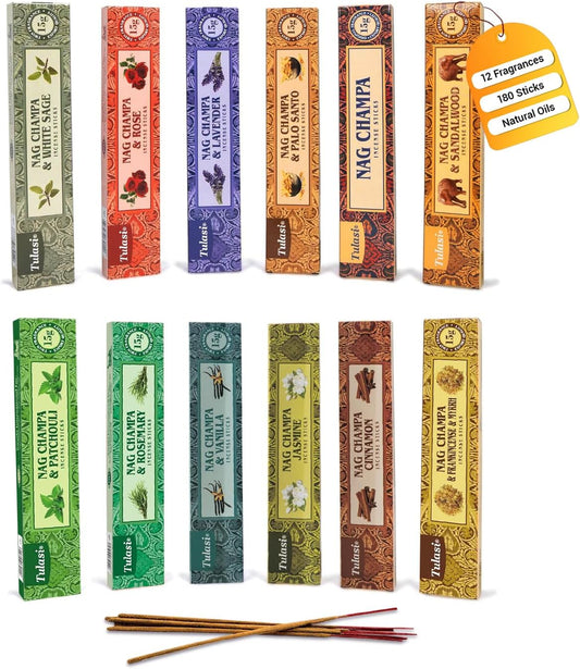 Nag Champa Incense Sticks with Natural Oils, Assorted Incense Set of 12 Scents - Lavender, Rose, Sandalwood, Vanilla, White Sage, Cinnamon, Rosemary etc, Positive Aroma for Meditation, Yoga & Prayer