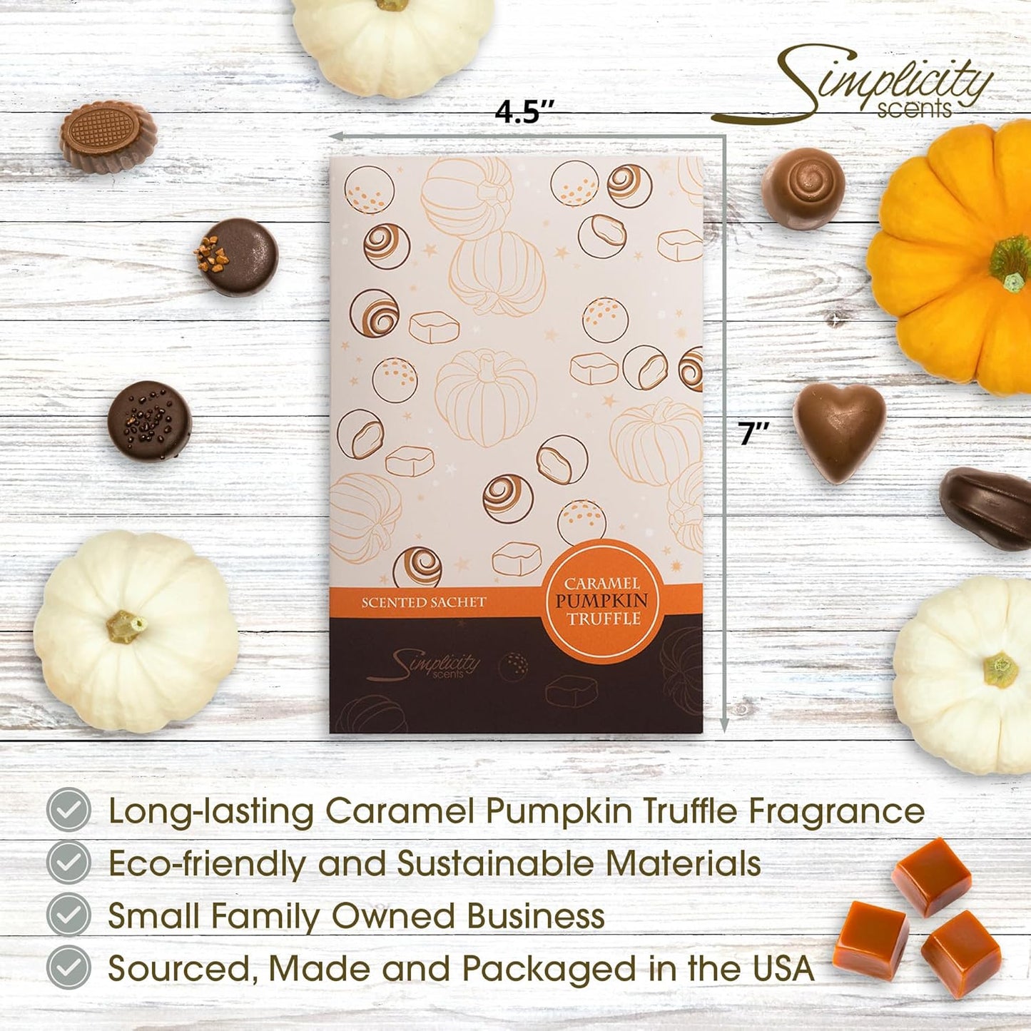 Floral Simplicity Caramel Pumpkin Truffle Scented Sachets Pack of 6, Fall & Winter - Long-Lasting Scented Bags, Home Fragrance, Air Freshener & Deodorizer for Closet, Room, or Cars, Made in USA