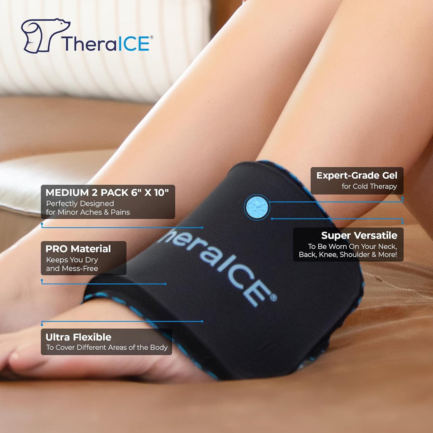 TheraICE PROpack Ice Pack for Injuries, Reusable Soft Multipurpose Cold Gel Ice Pack for Muscular Back Pain, Shoulder, Hip, Knee - Flexible Cold Compress Wrap for Minor Aches & Pains - 6 x 10-2 Pack