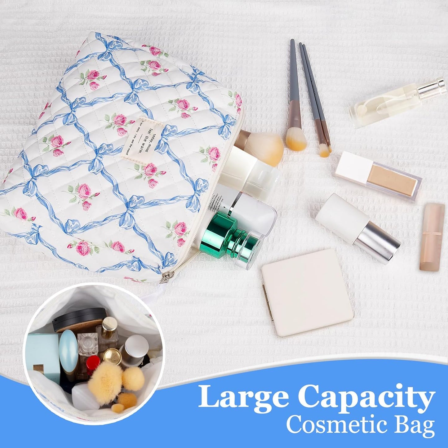 Floral Makeup Bag, Small Cosmetic Bag for Women Girls, Cute Cotton Makeup Bag, Quilted Makeup Bags, Flower Travel Toiletry Organizer Bag(Blue Flower)