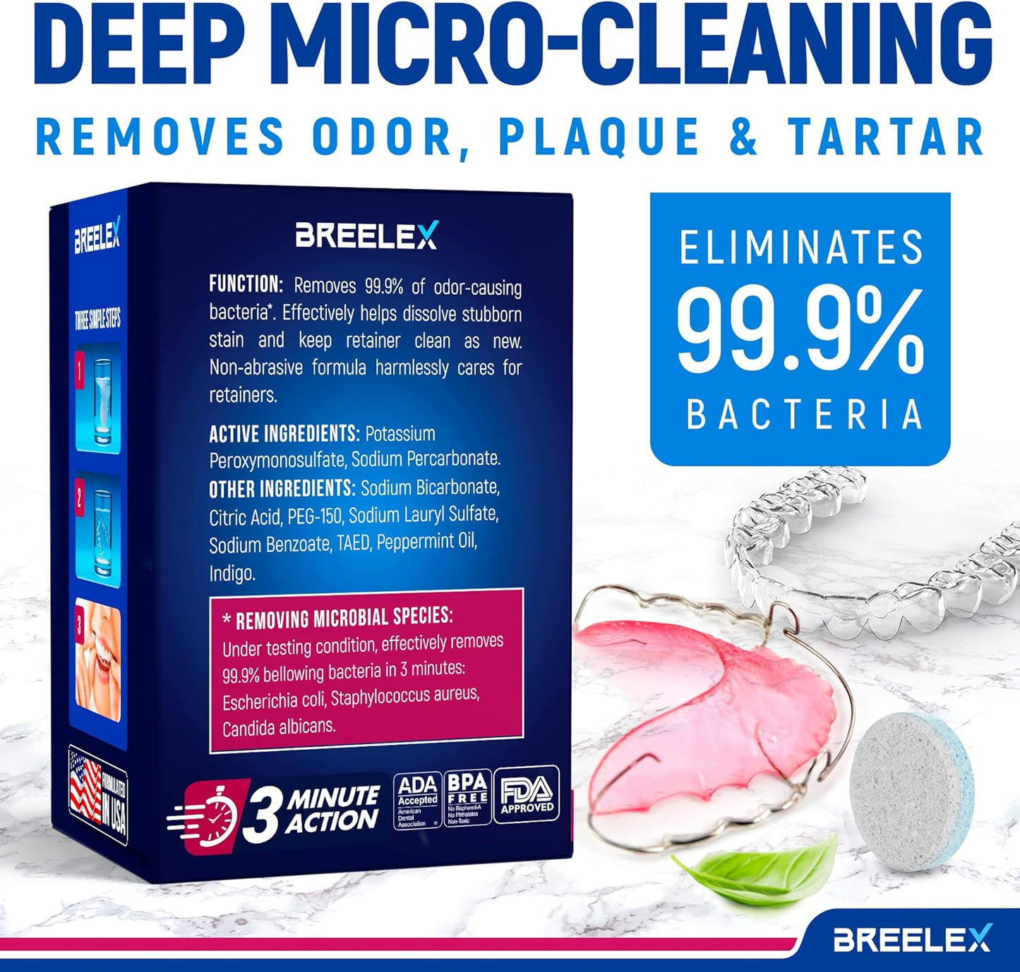Denture Cleaning Tablets - 120 Retainer Cleaner Tablets for Aligner, Mouth & Night Guard - FSA HSA Approved Products - Dental Cleanser for Nightguard - Fresh in 3 Minute - Denture Cleaner