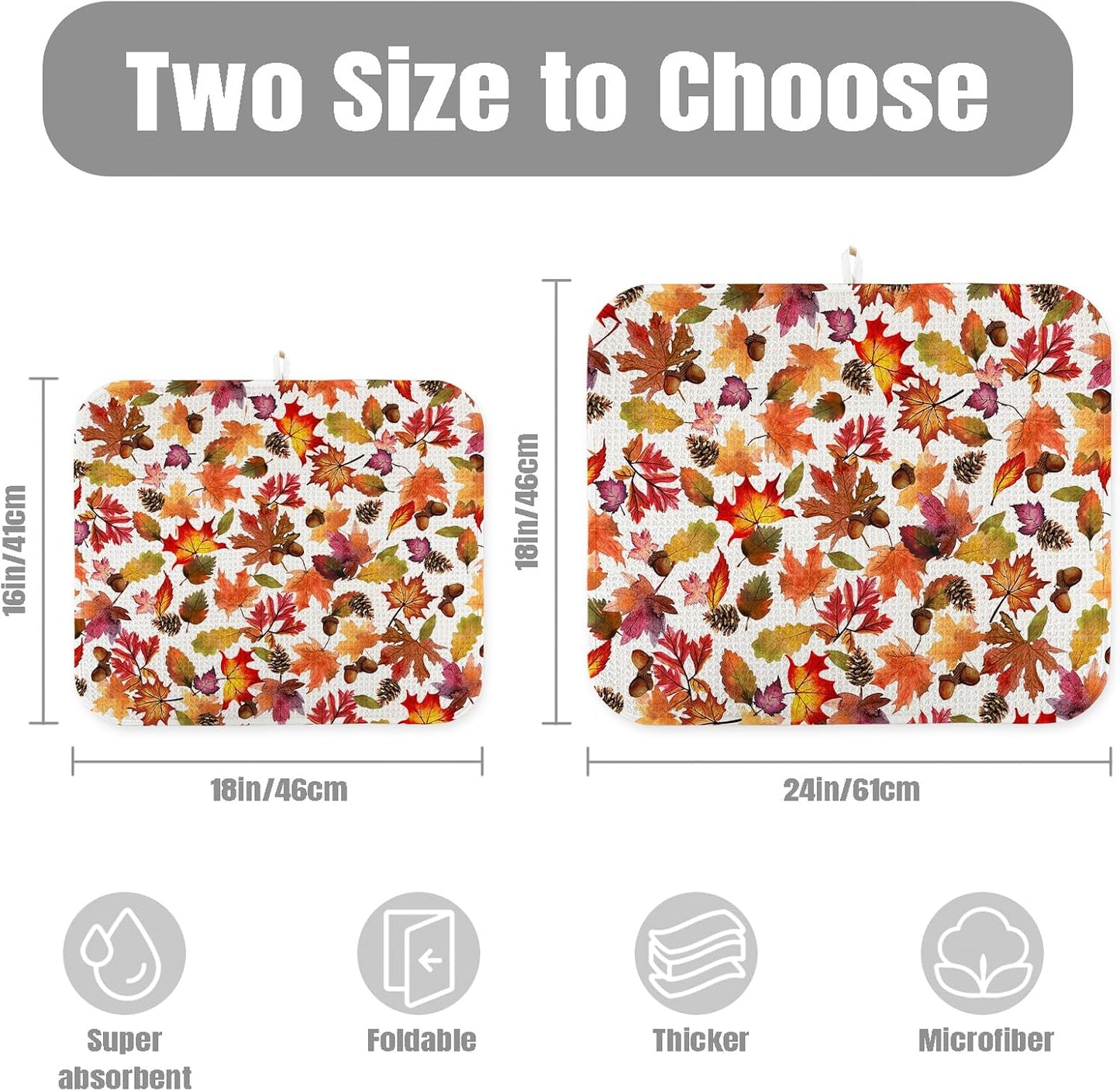 Dish Drying Mat for Kitchen Counter Large 16" x 18" Fall Leaves Absorbent Microfiber Dishes Drainer Rack Mats Pad Reusable Washable