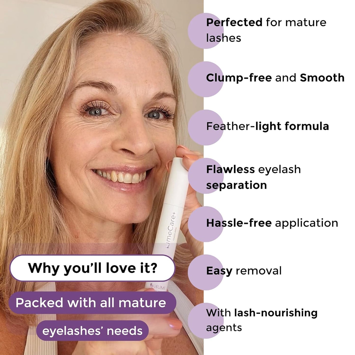 VolumeCare+ Mascara For Older Women - Extreme Length and Volume 2-in-1 Formula - No Clumps, Long-Wearing, Hypoallergenic Mascara For Sensitive Eyes (Dark Brown)