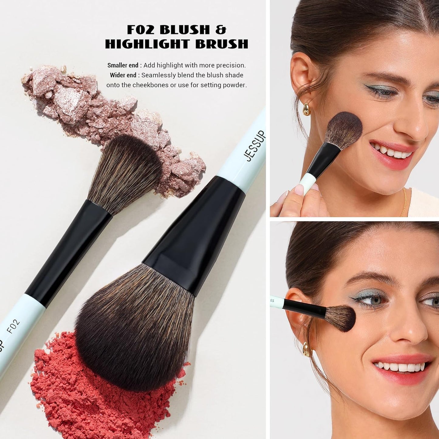 Jessup Face Makeup Brushes Blue 3pcs Double Ended Makeup Brush for Foundation Contour Blush Highlight and Concealer Brush, Premium Synthetic Brush Set T503