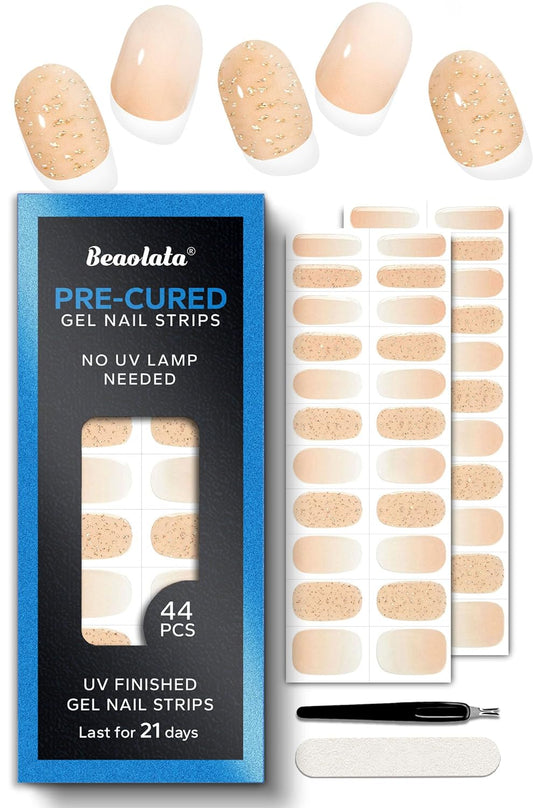 Pre Cured Gel Nail Strips - 44PCS Salon Quality Gel Nail Stickers - Long Lasting Polish Wraps for Women no UV Light Needed Easy Apply& Remove (Crush Gold）