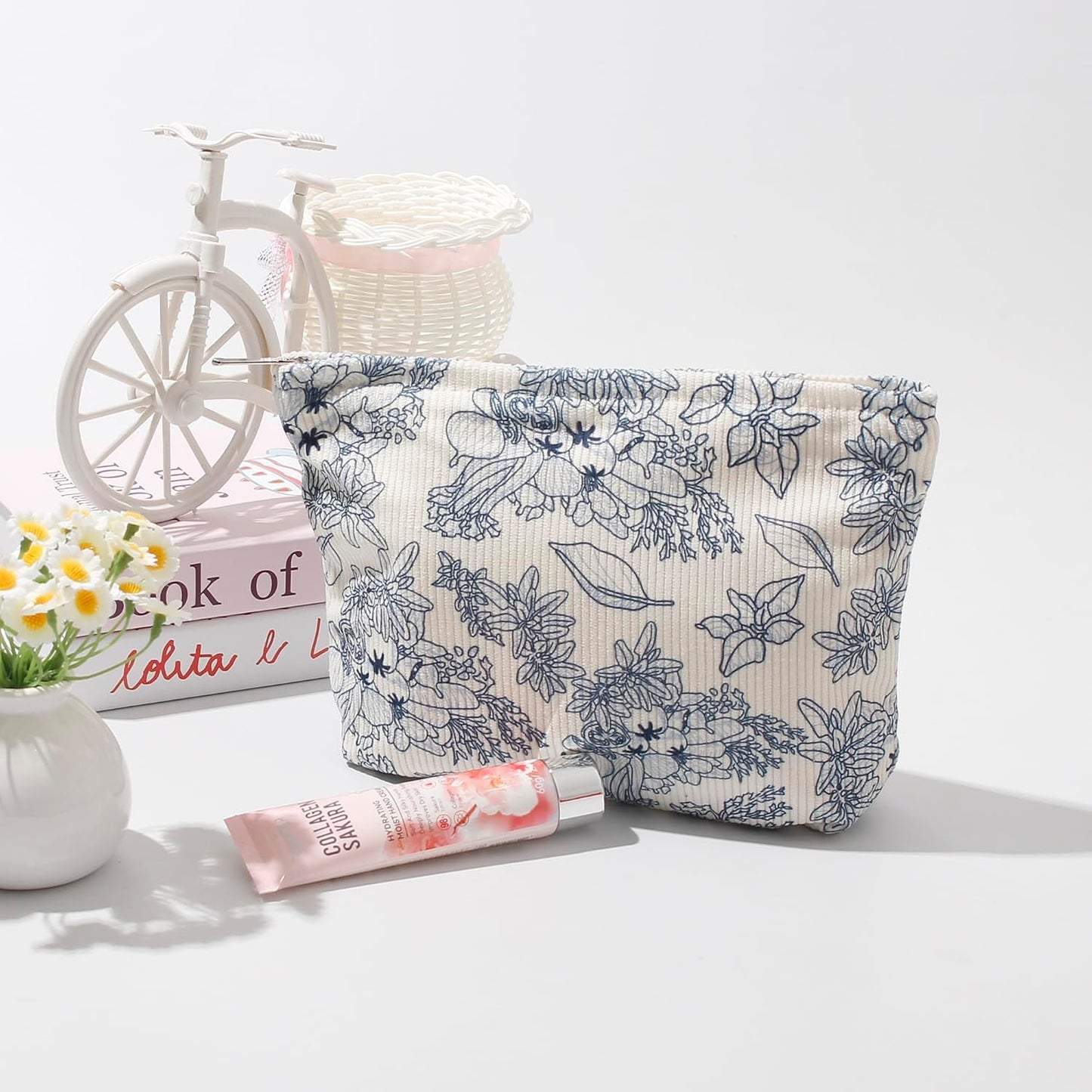 Cosmetic Bags for Women - Corduroy Cosmetic Bag Aesthetic Women Handbags Purses Smile Dots Makeup Organizer Storage Makeup Bag Girls Case Bags (Flowers-Navy blue)