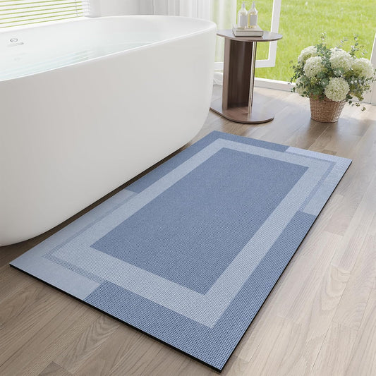 Non Slip Long Bath Mat Bathroom Runner, Rubber Backing Ultra Thin Bathroom Rugs Fit Under Door Quick Dry Super Absorbent Washable Bath Rug Shower Mat for Bathtub Sink Floor, Blue 24"x48"
