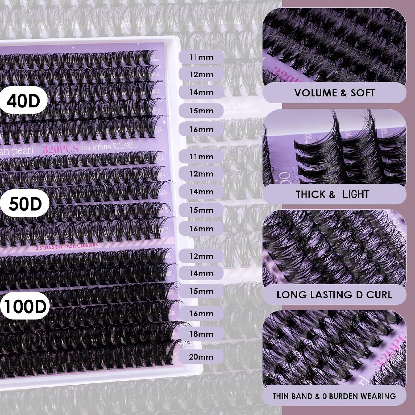 Ocean Pearl Lash Clusters 320PCS 11-20mm Lash Extension Kit 40D+50D+100D Eyelash Extension Kit Individual Lashes Thick Eyelash Clusters Lashes Clusters with Eyelashes Bond+Seal+Remover+Tweezer-100D
