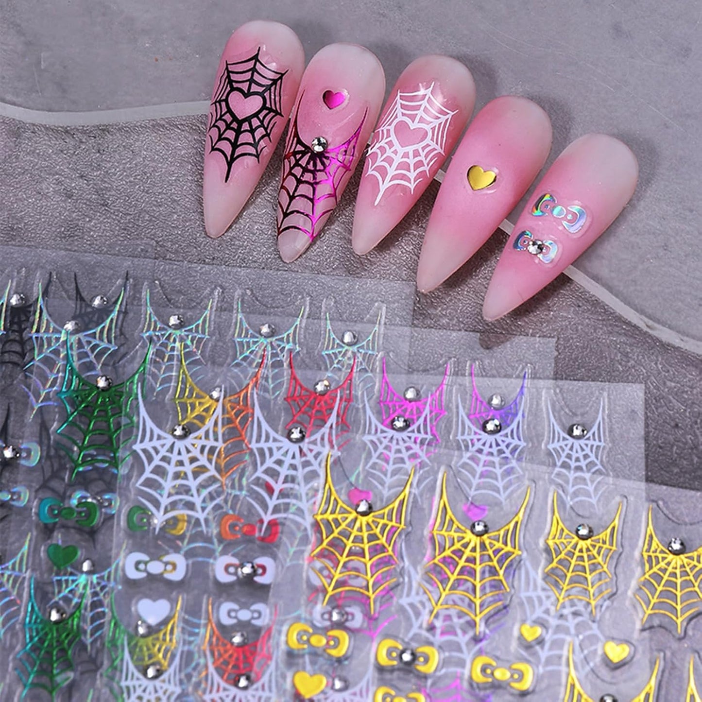 4PCS Halloween Nail Art Stickers Decals Colorful Spider Web Spider Nail Decals with Rhinestone Spider Web Spider Bow Heart Nail Art Design Cute Halloween Nail Supplies for Women Manicure Decorations