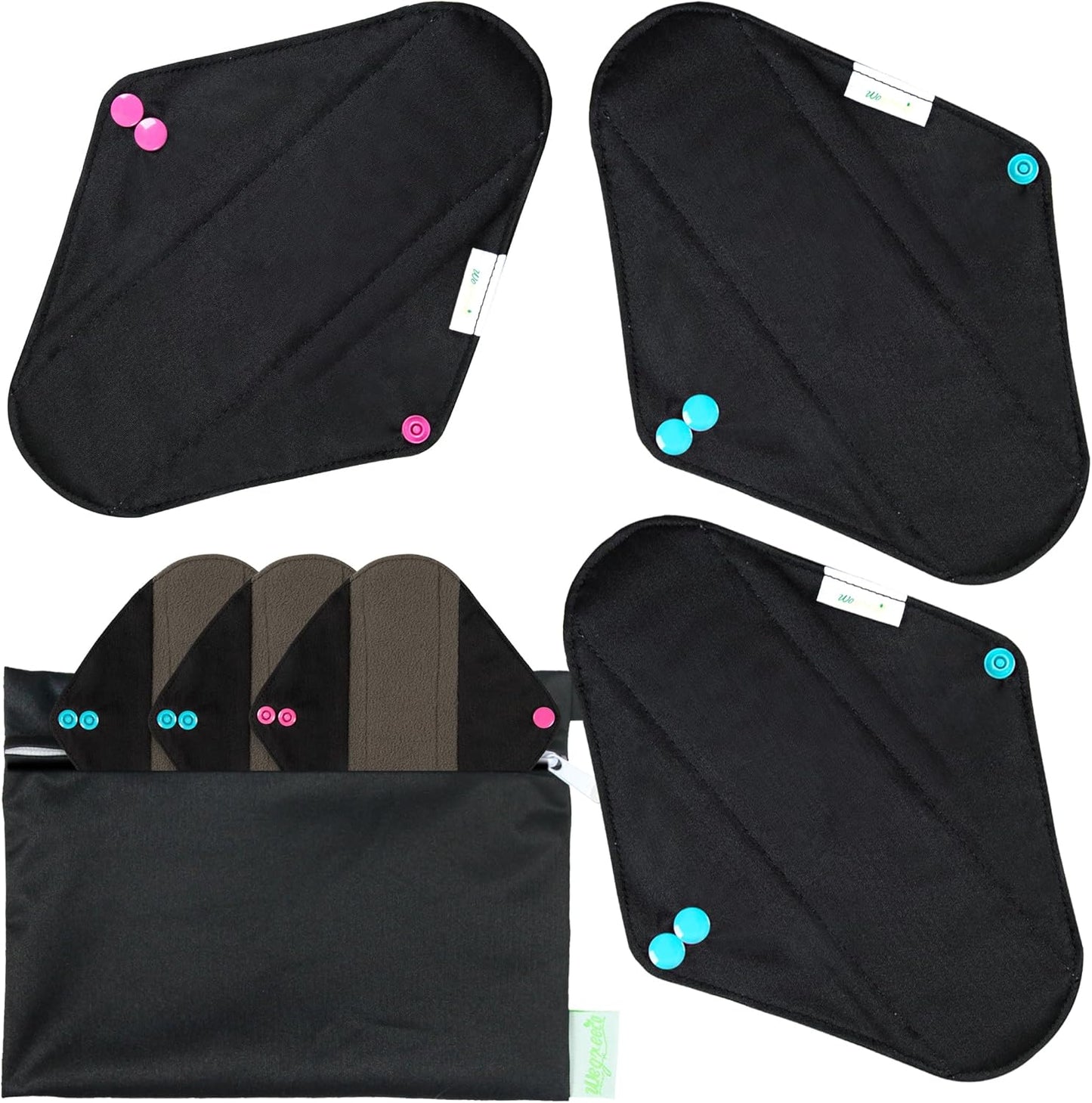 wegreeco Charcoal Reusable Menstrual Pads - Reusable Sanitary Pads | Reusable Panty Liners | Soft Cloth Menstrual - 6 Pack with 1 Cloth Mini Wet Bag (Medium, Black)