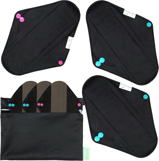 wegreeco Charcoal Reusable Menstrual Pads - Reusable Sanitary Pads | Reusable Panty Liners | Soft Cloth Menstrual Pad- 6 Pack with 1 Cloth Mini Wet Bag (Small, Black)