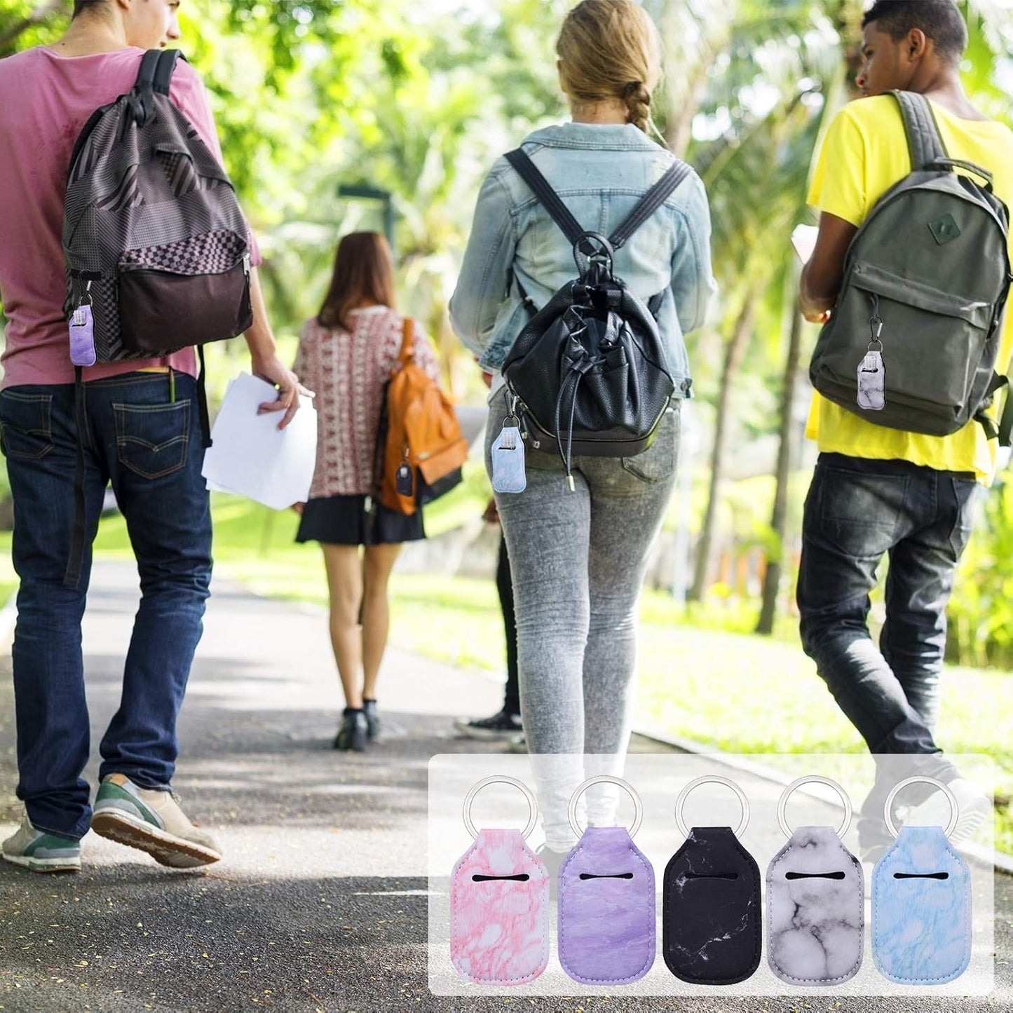 Hand Sanitizer Holder Keychian,5 Pack Empty Travel Size Bottle and Hand Sanitizer Keychain Set Include 5pcs Flip Cap Reusable Bottles,5pcs Refillable Bottles Keychain Holders for Backpack and Kids