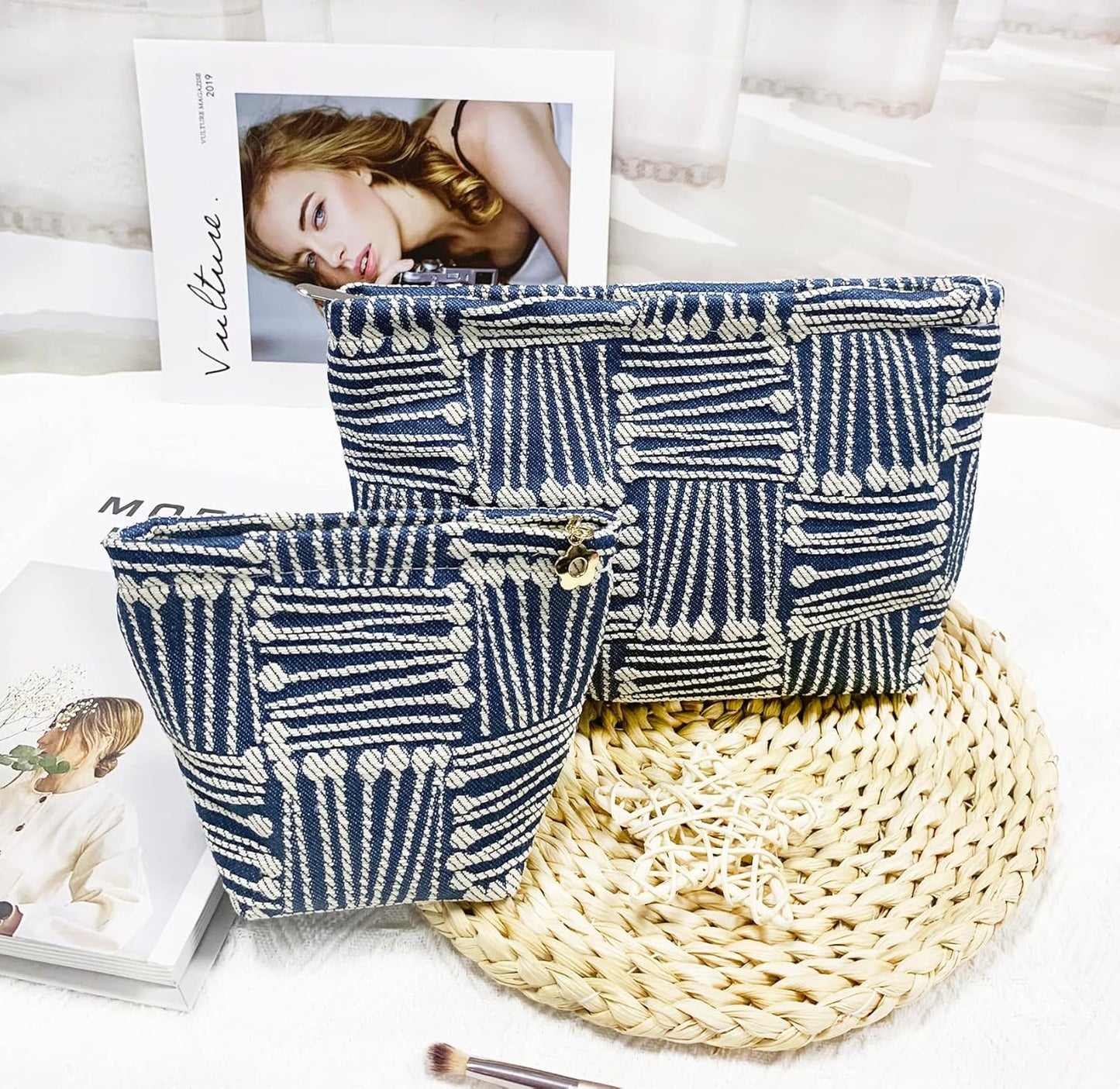 2 Pcs Makeup Bags, Large Cosmetic Bag Travel Toiletry Bag Organizer for Women, Embroidery Craft, Stripe Makeup Bag Small Cosmetic Pouch Purse with Zipper Gifts for Girls Teen