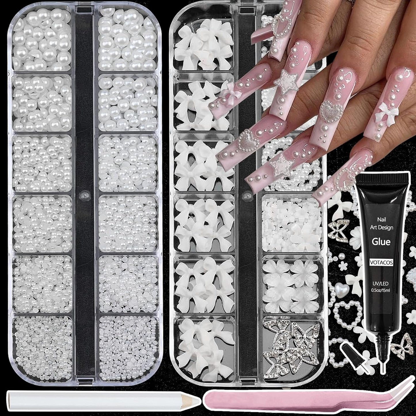 Nail Art Pearls with Glue Gel Flatback Pearls White Bow Nail Charms Heart Butterfly Nails Gems Pearls Accessories for Women Nails Design Decoration