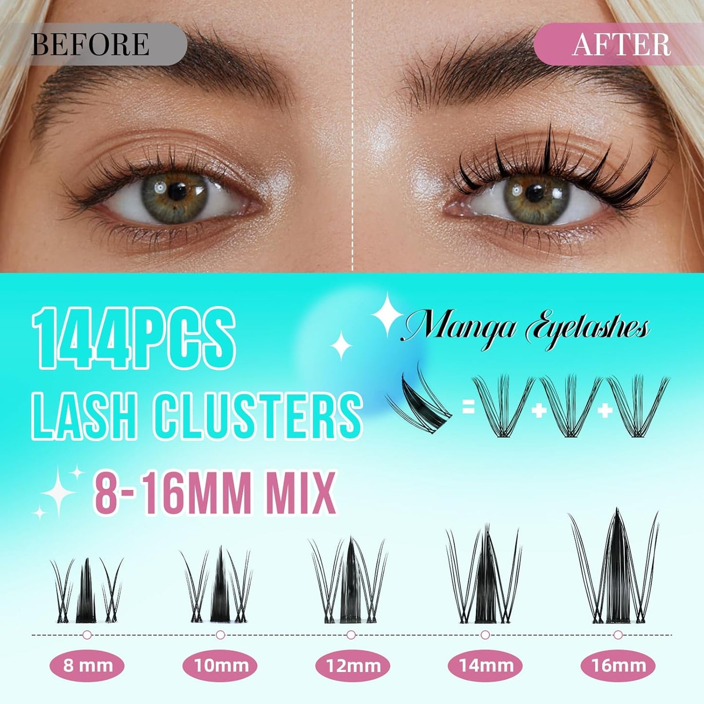 Manga Lash Clusters Kit 144PCS Fairy Eyelash Extension Kit with Lash Bond and Seal, Fake Eyelashes Clusters with Invisible Lashes Band, Lash Glue Remover and Lash Applicators (8-16mm Kit,White Bond)