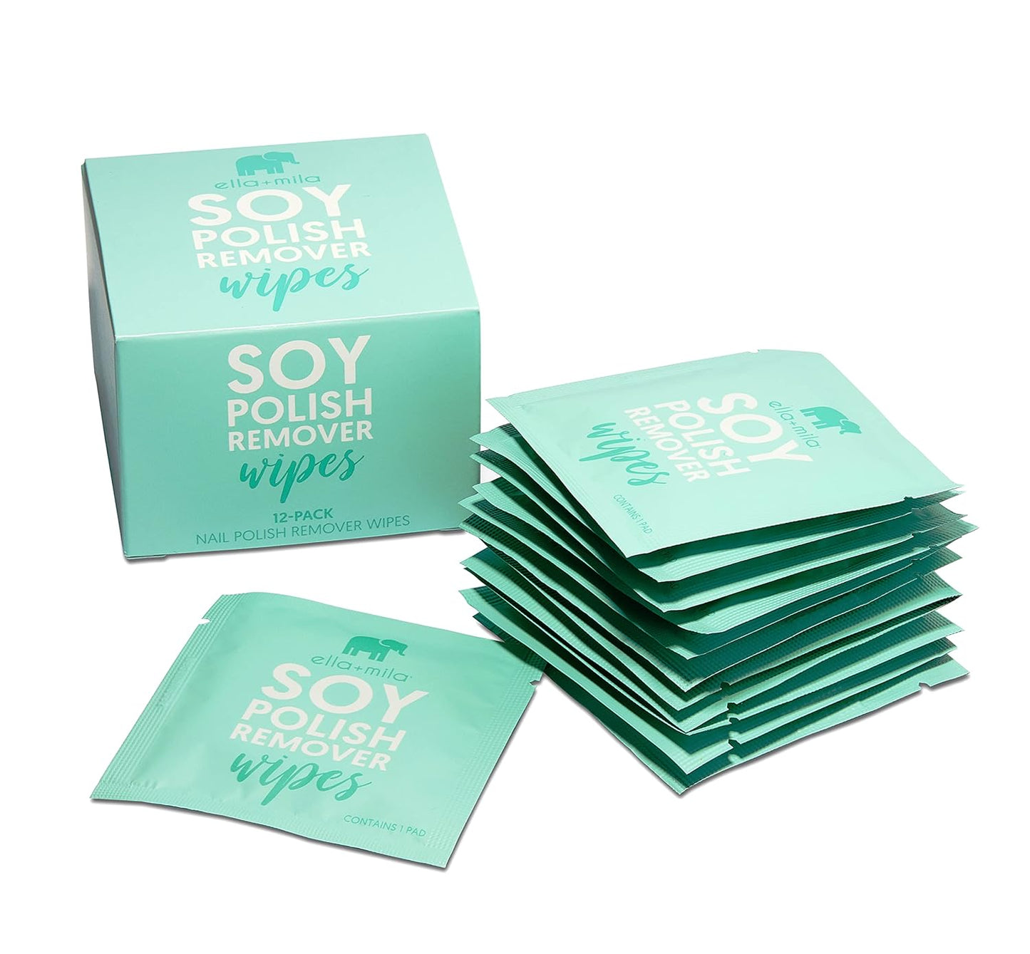 ella+mila Soy Nail Polish Remover Wipes Non-Acetone Lint Free Nail Wipes - Non-Toxic Fingernail Polish Remover - Unscented & Enriched with Vitamins A,C & E (12 Pack)