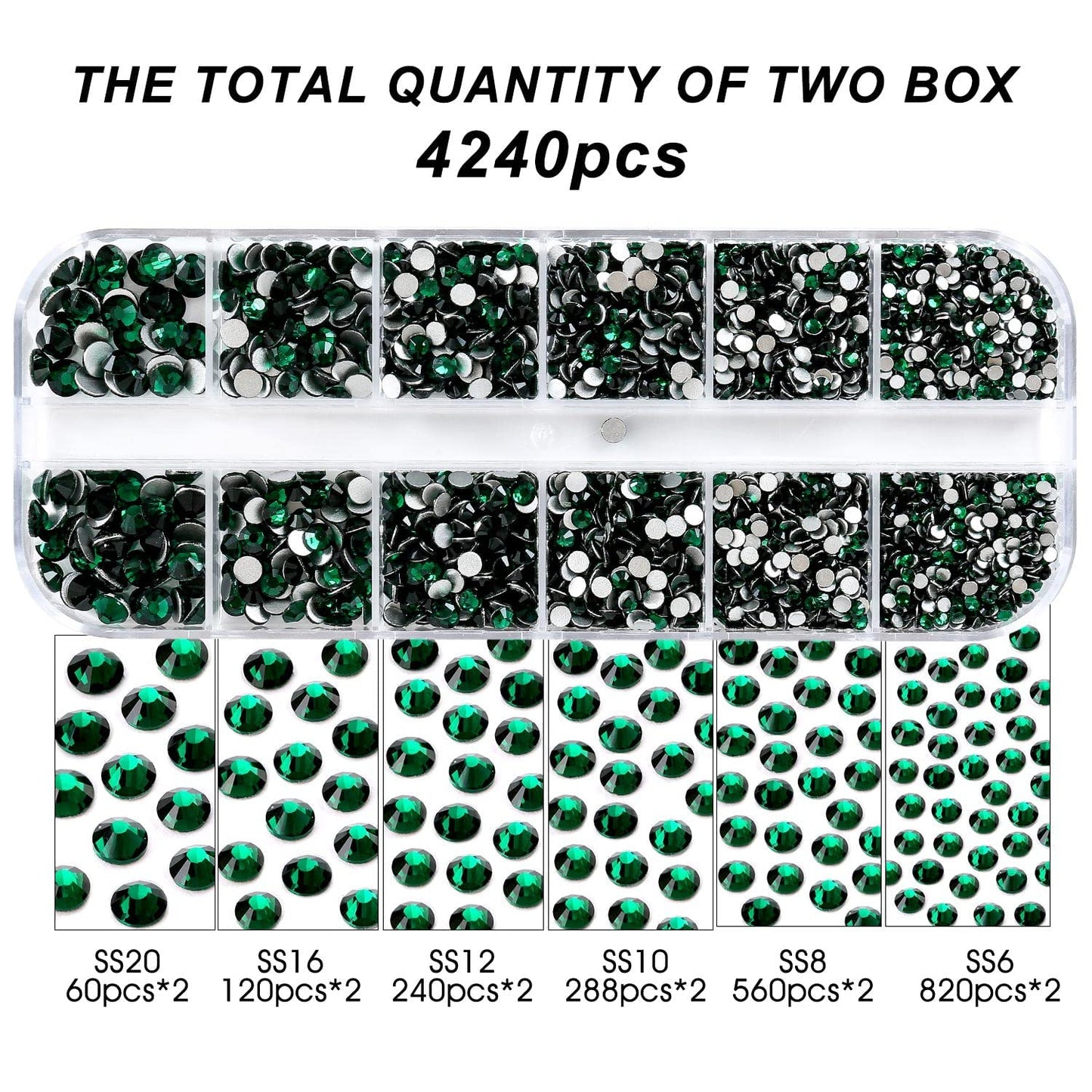 4240Pcs Malachite Green Flatback Rhinestones 6 Sizes Crystal Diamonds for Nail Art Crafts Clothes Shoes with Tweezers and Picking Pen