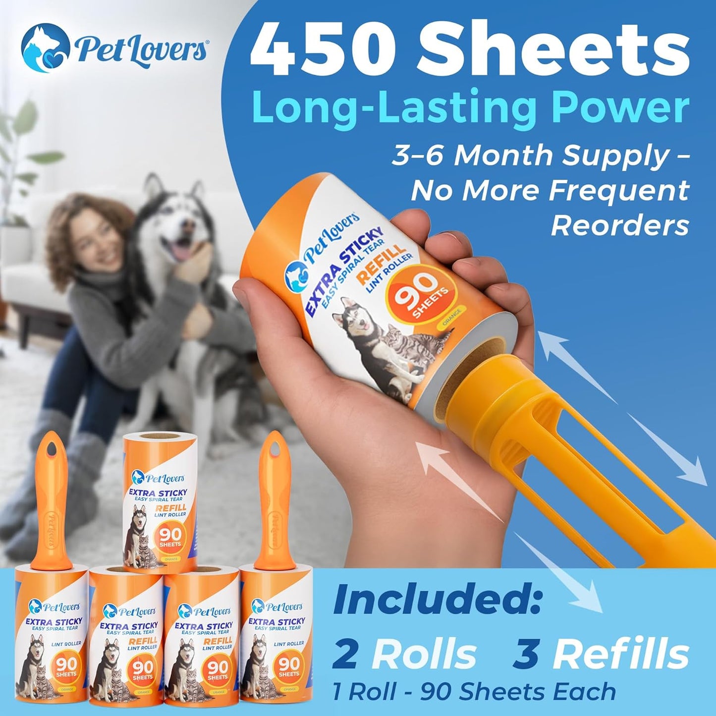 PetLovers Extra Sticky Lint Roller Mega Value Set 450 Sheets for Pet Hair Removal and Clothes, Dog and Cat Lint Remover 5 Pack Orange