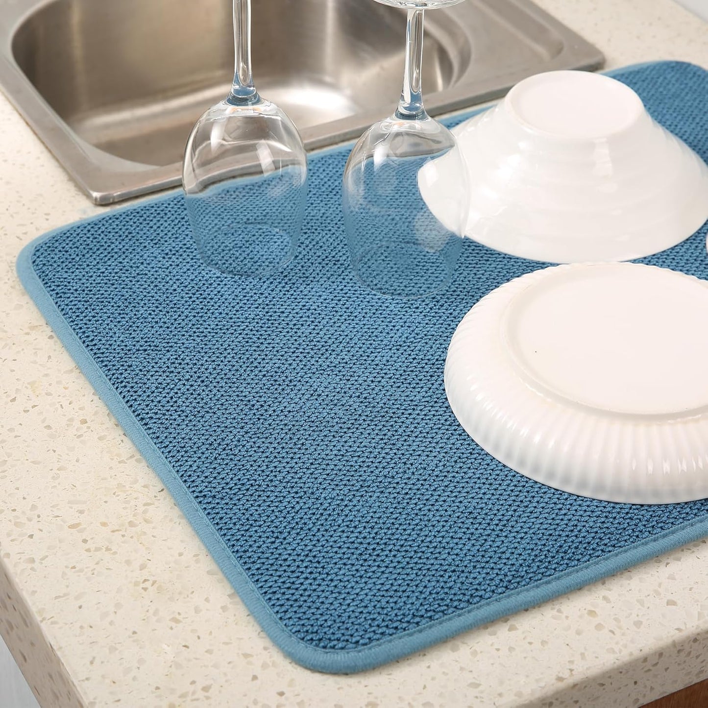 2 Pack Microfiber Dish Drying Mat for Kitchen Counter,Ultra Absorbent Dish Drainer Mat ,Dish Drying Pad ,Dish Rack Mat 20×15 Inch (Blue)