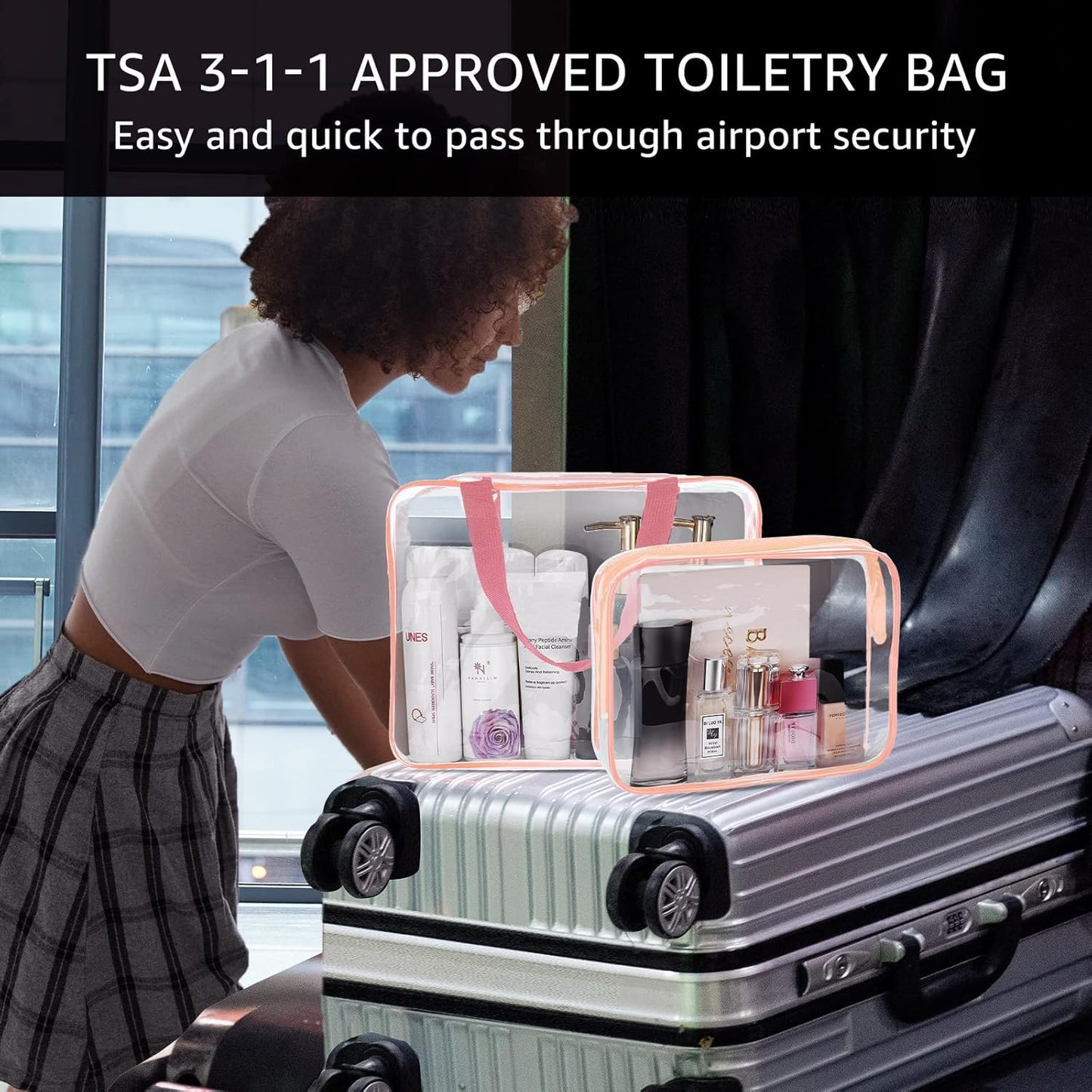 5Pcs Crystal Clear PVC Travel Toiletry Bag Kit for Women Men, Waterproof Vinyl Packing Organizer Storage Bags with Zipper Handle Straps, Cosmetic Pouch Carry on Airport Airline Compliant Bag Handbag