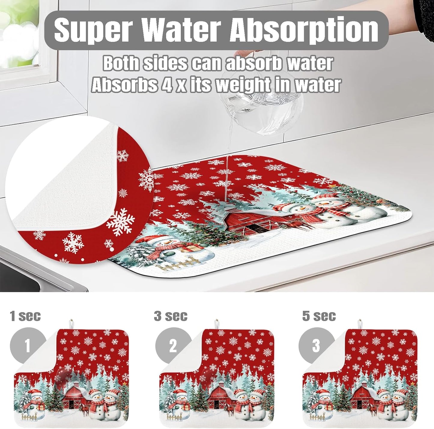 Dish Drying Mat for Kitchen Counter Large 16" x 18" Christmas Farmhouse Rustic Snowman Absorbent Microfiber Dishes Drainer Rack Mats Pad Reusable Washable