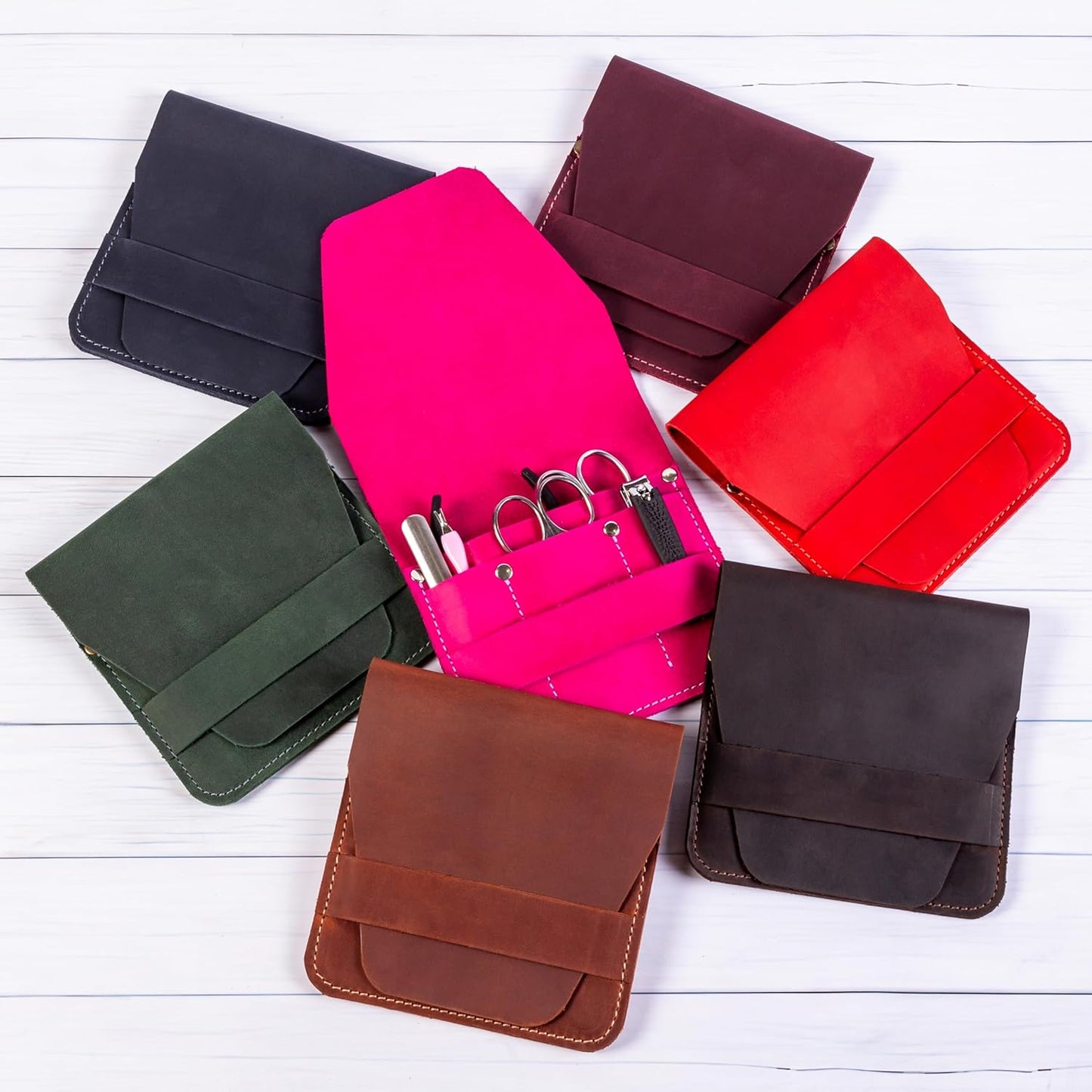 Leather Manicure Set Case Grooming Kit Organizer (Fuchsia)