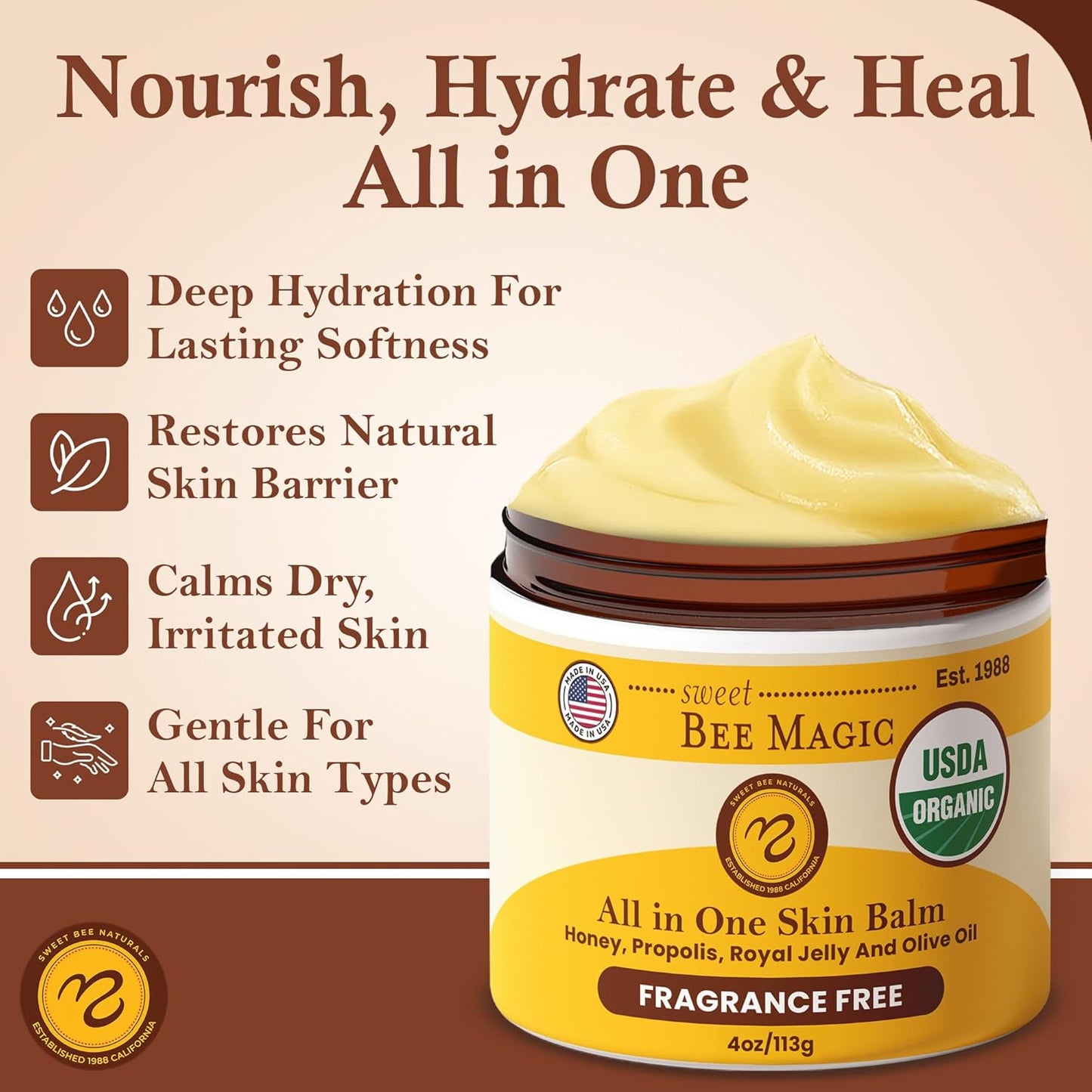 Sweet Bee Magic All In One Healing Organic Balm - Natural Skin Healing Cream, Beeswax Balm for Dry Skin, Face & Body Moisturizer - Certified Organic, All Natural Aid- 3 Jars (4oz Each, 12oz Total)