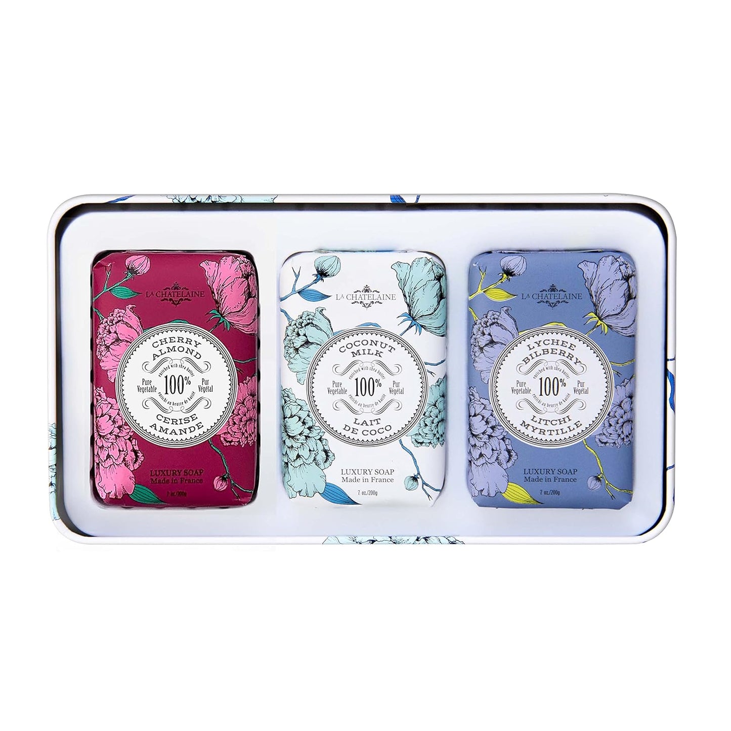 La Chatelaine Luxury Bar Soap Trio Gift Set Tin – Winter White | Made in France | Natural and Organic Soap Bars | Shea Butter Formula | 3 x 7 oz / 200g (Cherry Almond, Coconut Milk, Lychee Bilberry)
