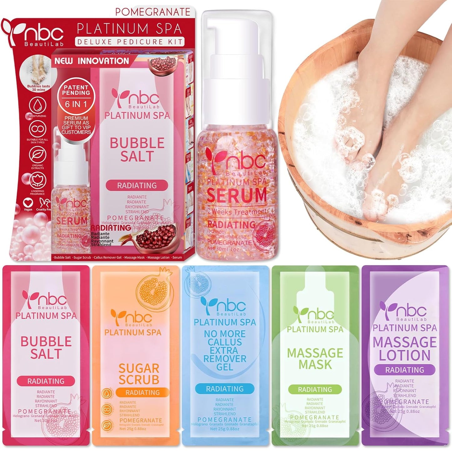 Pedicure Foot Soak Set - Upgraded 6 in 1 Foot Spa, Foot Bath Spa, Pedicure Kit, Foot Soak for Tired & Dry Cracked Feet, Athletes Feet and Calluses (Pomegranate)