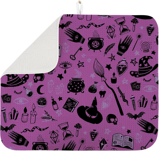 Dish Drying Mat for Kitchen Counter Large 16" x 18" Purple Halloween Witch Absorbent Microfiber Dishes Drainer Rack Mats Pad Reusable Washable