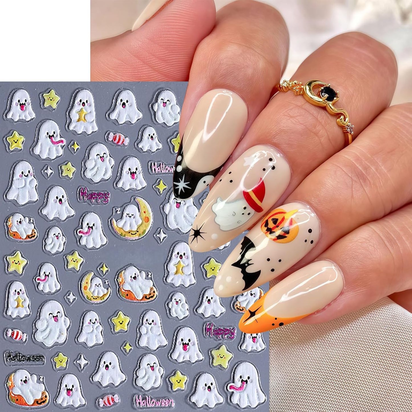 3 Sheets Halloween Nail Stickers 5D Embossed Star Moon Ghost Self-Adhesive Nail Decals Pumpkin Ghost Nail Art Stickers Spider Web Skulls Bat Nails Design Nail Supplies for Acrylic Nails Manicure Decor