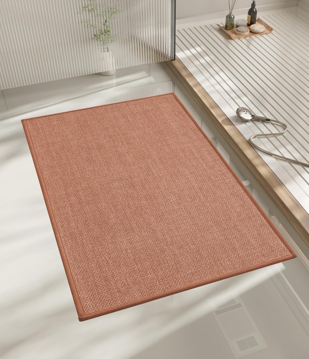 chakme Bathroom Rugs Mat 24x17, Ultra Thin Non Slip Bath Mat Small Quick Dry Absorbent Bath Mat for Bathroom Floor, (Dark Pink, 24"x17")