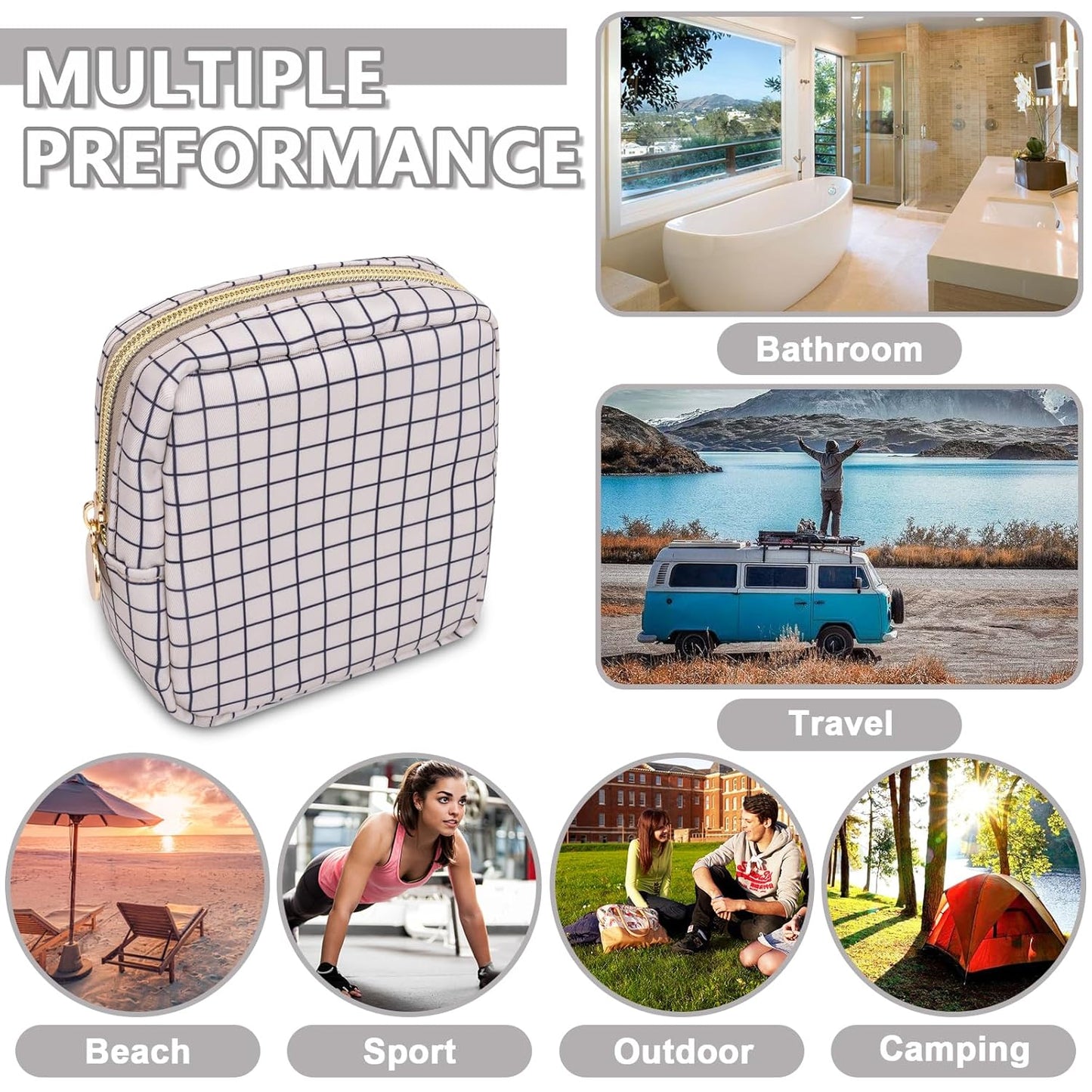 Mini Makeup Pouch for Purse, Nylon Travel Toiletry Organizers Small Cosmetic Bag for Women Girl, Checkered Cute Zipper Coin Purse Preppy Storage Bag for School Work(Mini-Checkered)